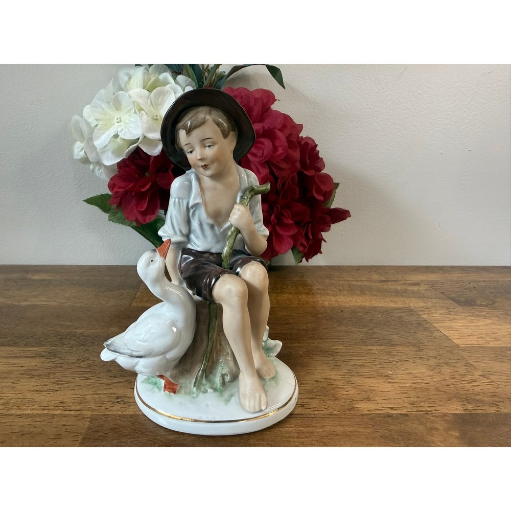 Vintage Porcelain Boy With Goose Figurine Crown Mark Germany Bisque Figure